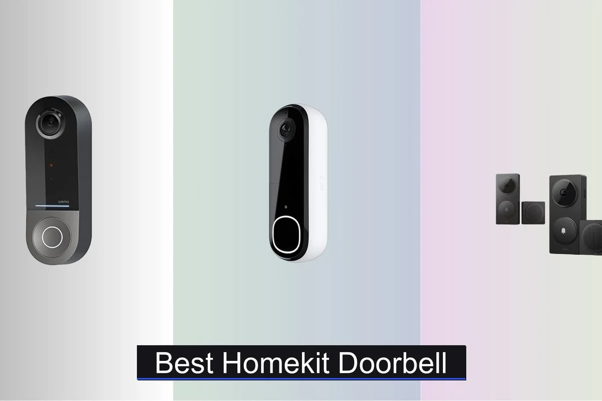 HomeKit-compatible video doorbell mounted beside a front door with a smartphone showing Apple Home