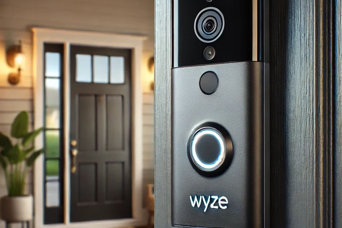 Wyze video doorbell mounted beside a front door with a smartphone showing the live camera view
