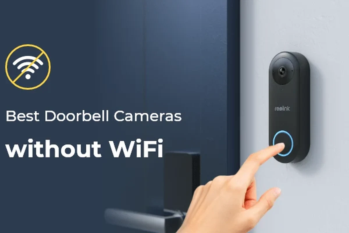 Video doorbell mounted at a front door with no WiFi concept and local recording setup