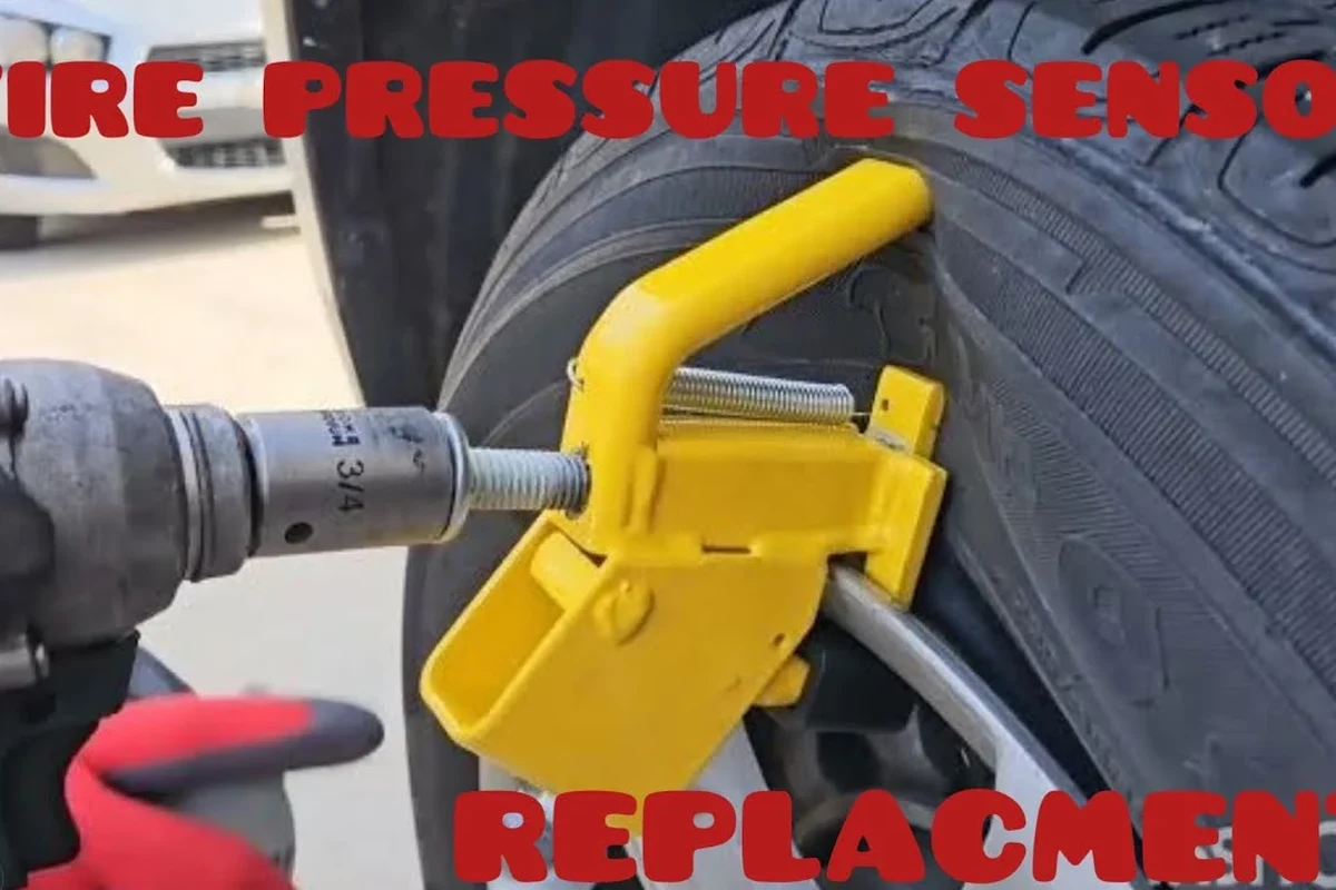 Dashboard tire pressure warning light with a tire gauge beside a car wheel