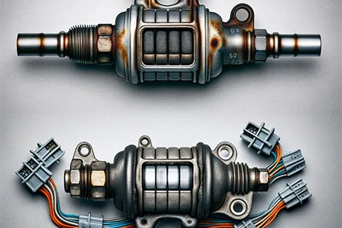 Mechanic inspecting upstream and downstream oxygen sensors on a car exhaust system