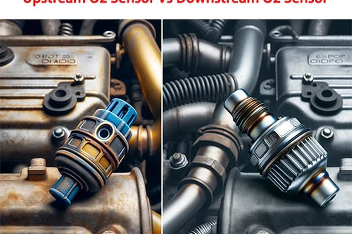 Mechanic inspecting upstream and downstream oxygen sensors on a car exhaust system