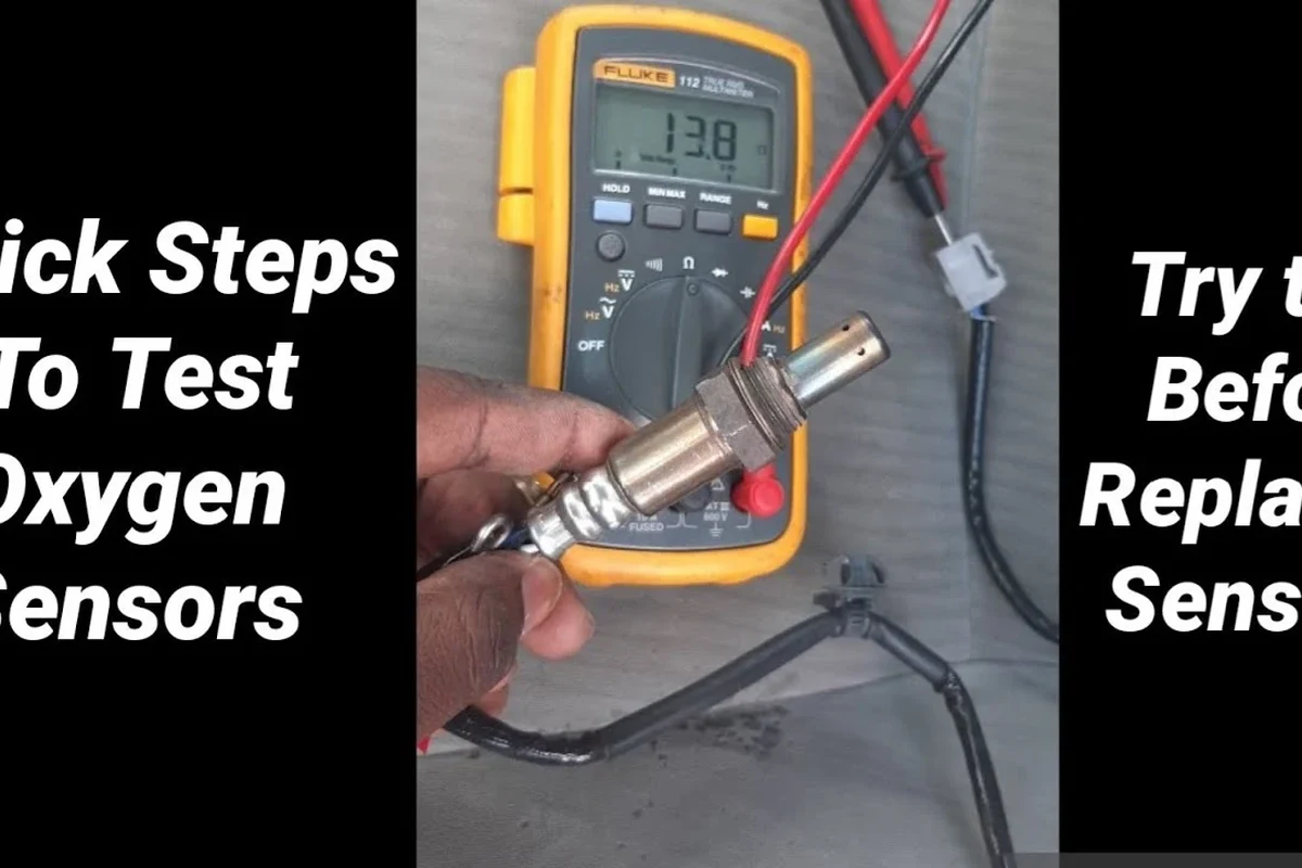 Mechanic-style multimeter testing an oxygen sensor connector on a car engine
