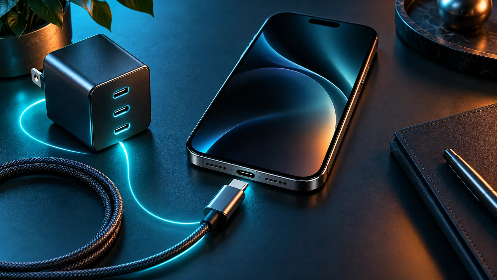 Modern smartphone charging with a USB-C cable and charger on a desk