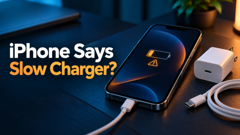 iPhone says Slow Charger beside a USB-C power adapter and cable