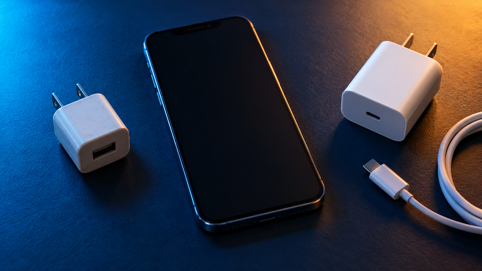 USB-A and USB-C wall chargers beside a smartphone