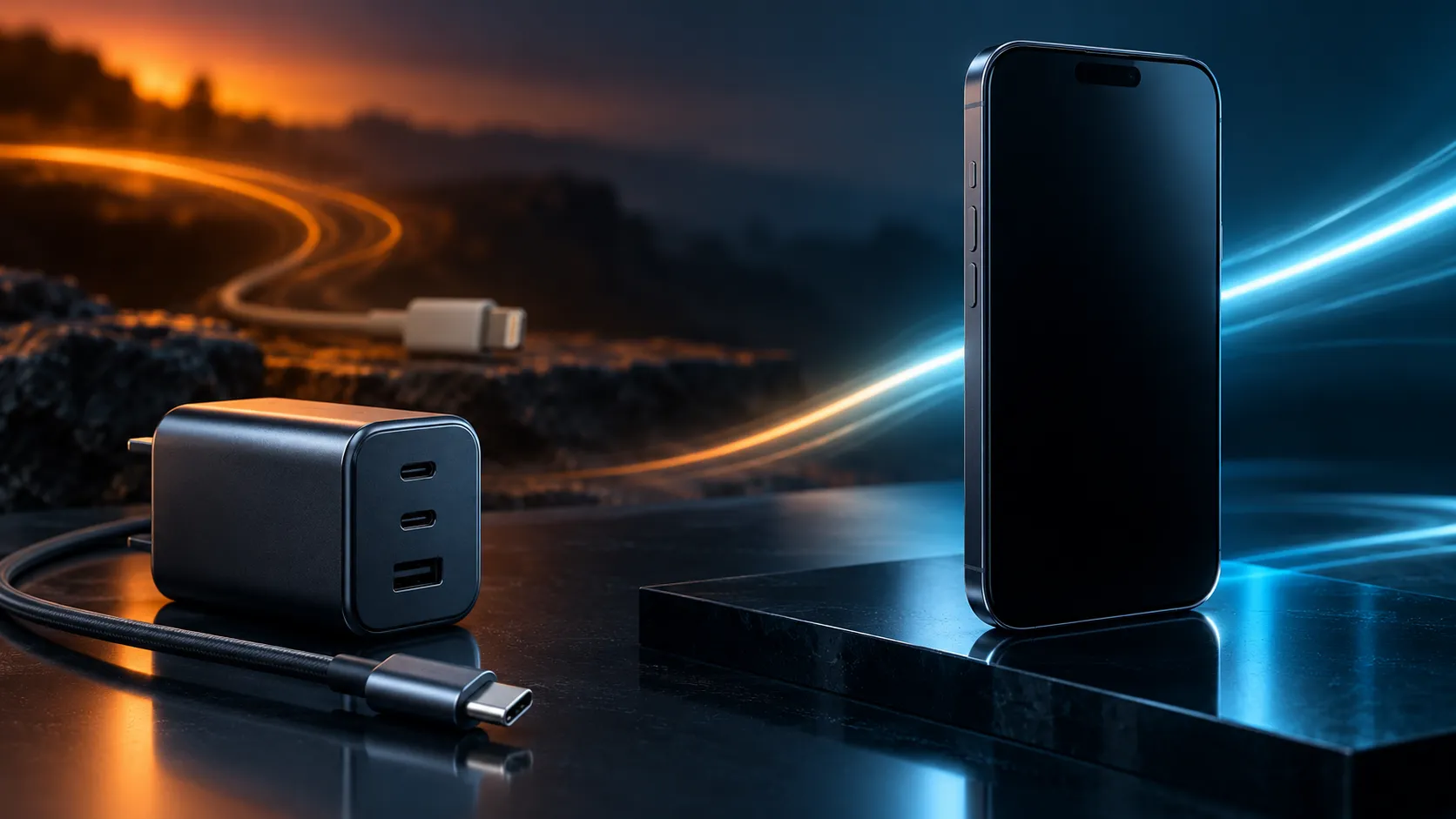 Apple iPhone charging cable and adapter on a desk beside a smartphone