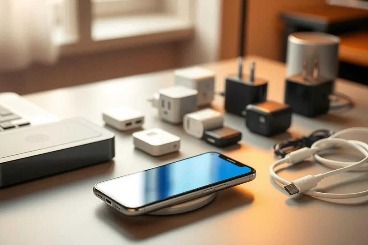 Smartphone charging cable and wireless charger beside a modern phone on a clean desk