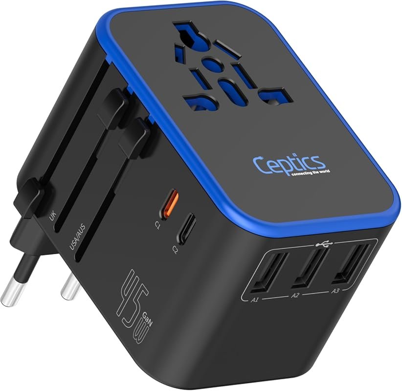Ceptics 45W Universal Travel Adapter with 3 USB-A, 2 USB-C, Universal Input