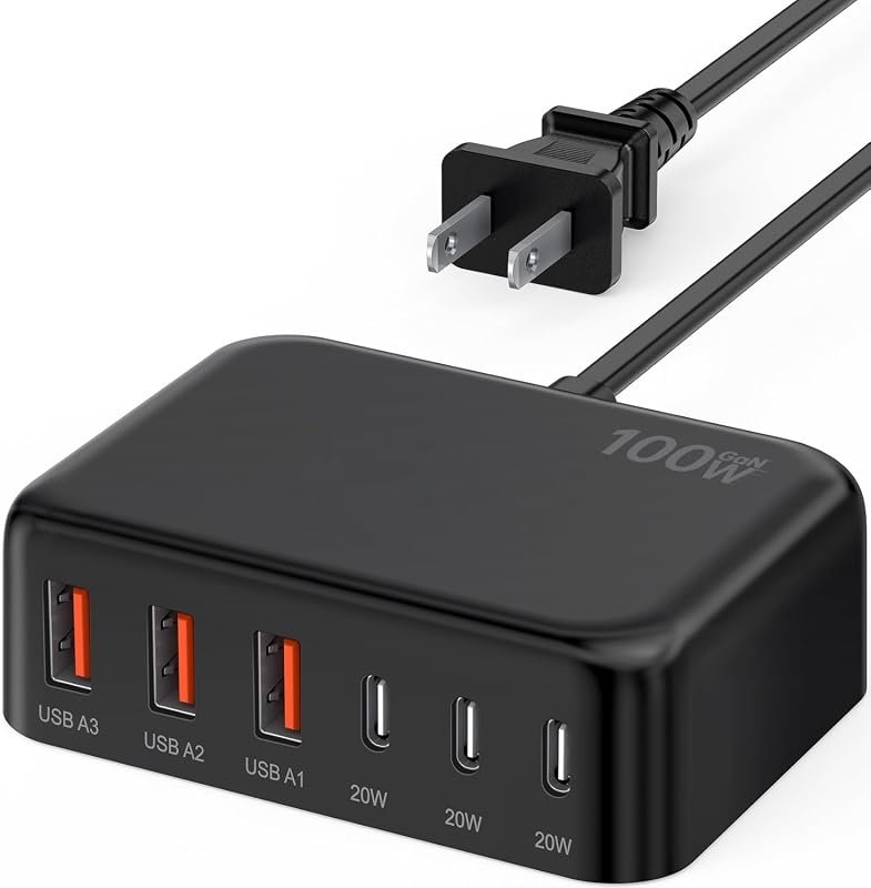 100W 6-Port GaN USB C Charging Station Hub for Fast Multi-Device Charging