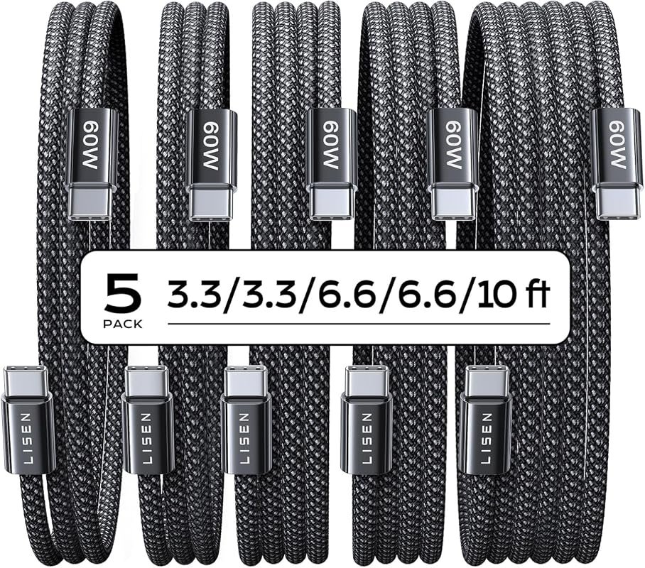 LISEN USB-C to USB-C Cable 5-Pack, 60W Fast Charging, 3.3 to 10FT