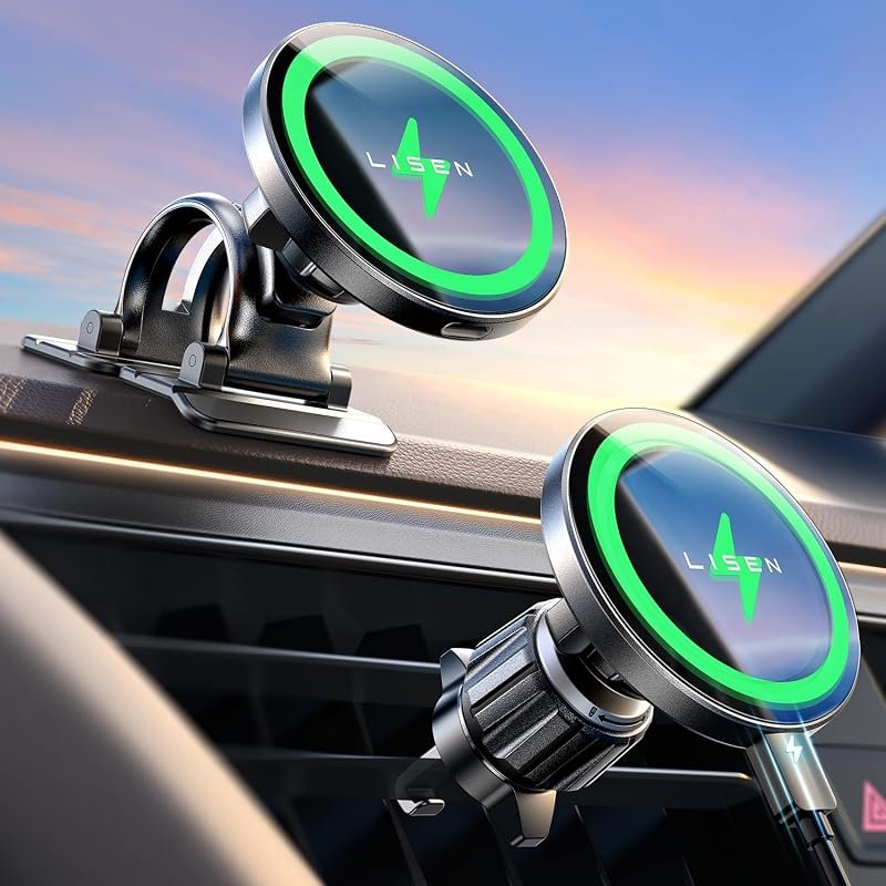 LISEN 15W MagSafe car mount charger with magnetic phone holder