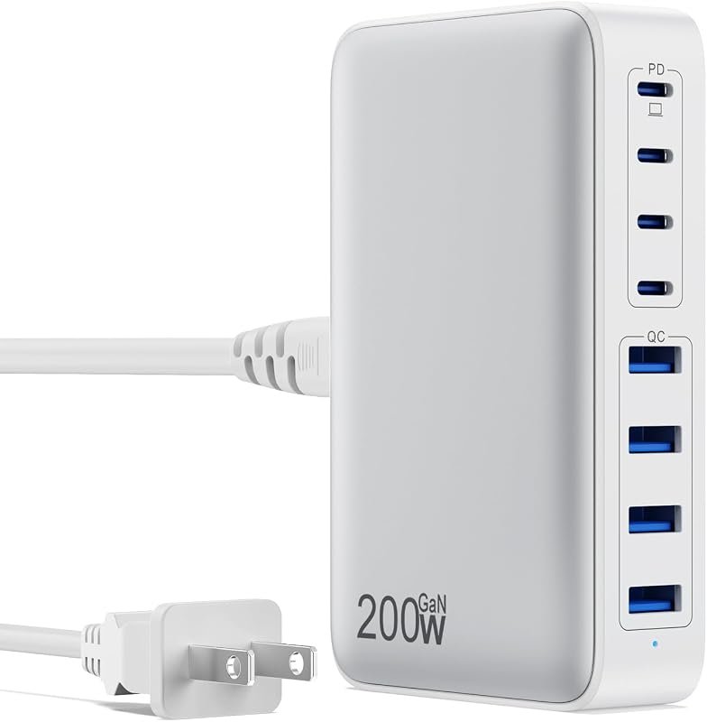 200W GaN III 8-Port USB-C Charger Block, PD 65W Fast Charging Station