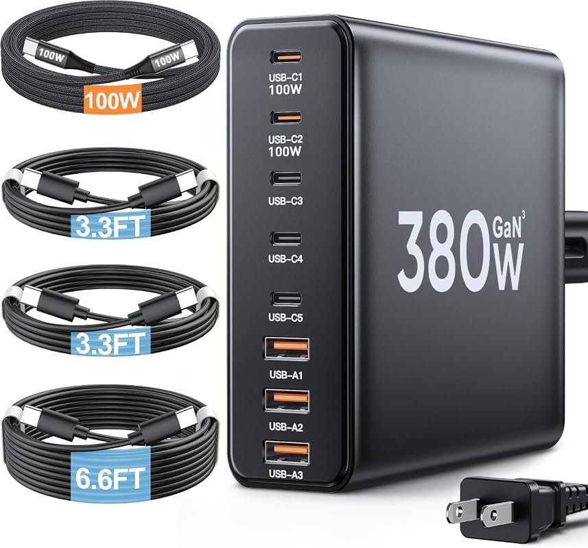 380W 4-Cable USB C Charger Block with Dual 100W Fast Charging Station