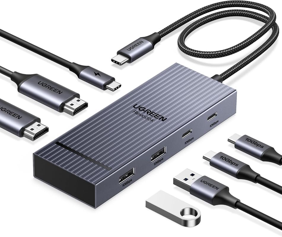 UGREEN USB-C Docking Station for Dual Monitors, 7-in-1 Aluminum Dock with 2 HDMI