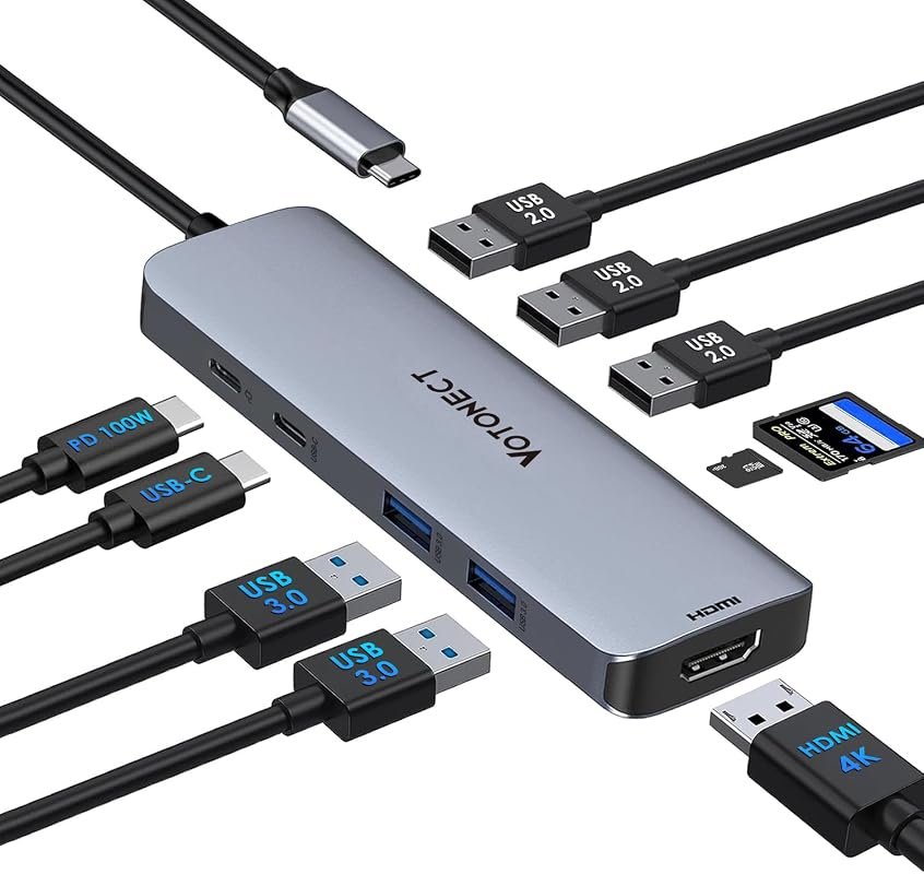 USB-C 10-in-1 Hub with 4K HDMI, SD/TF Reader, and 100W PD Charging