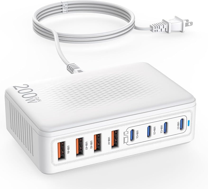 200W GaN 8-Port USB-C Charging Station, USB-A Hub Block for Multiple Devices