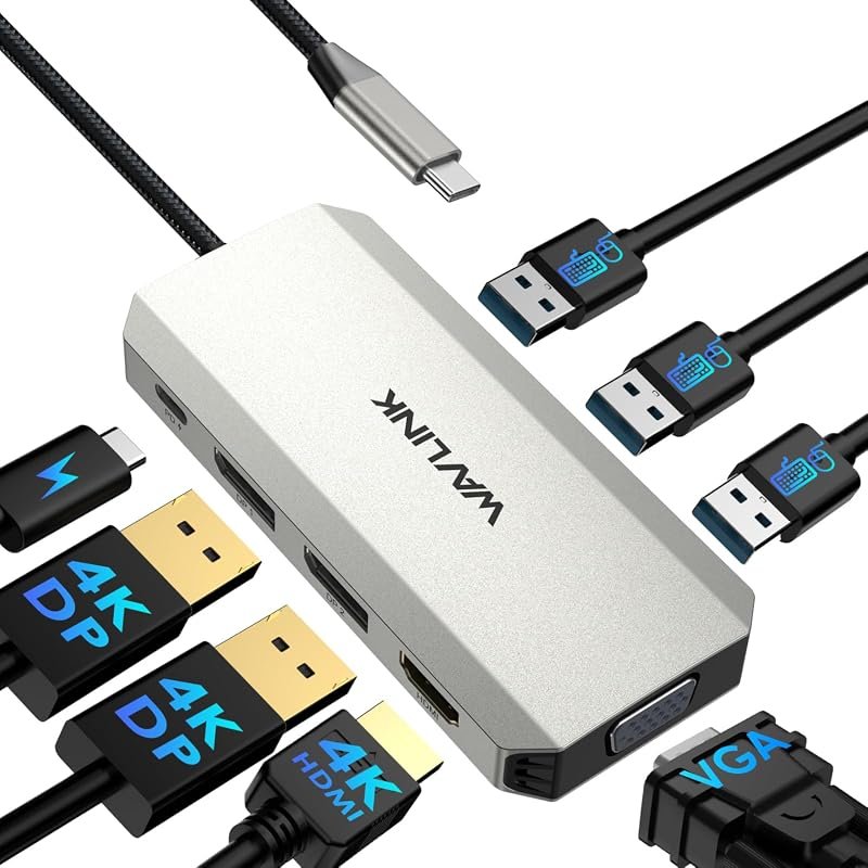 WAVLINK Quad Monitor Laptop Docking Station with Dual DisplayPort, HDMI, and VGA