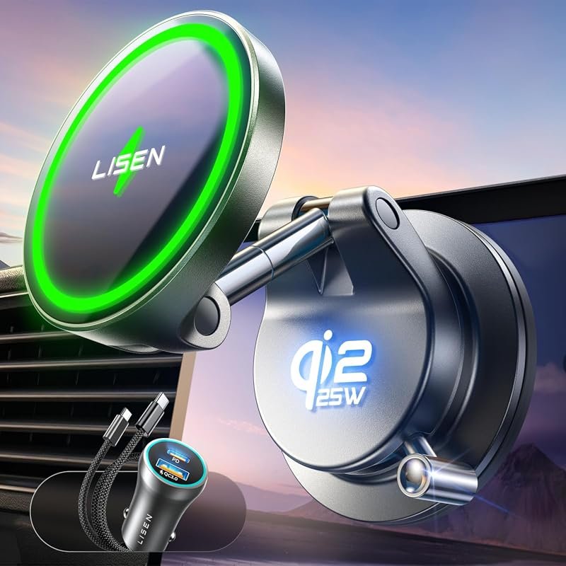LISEN Qi2 25W MagSafe car mount charger with suction mount