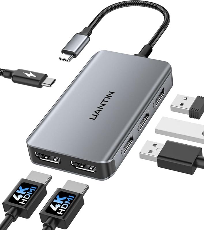 UANTIN 6-in-1 USB C Hub with Dual HDMI, 4K@60Hz Type-C Adapter