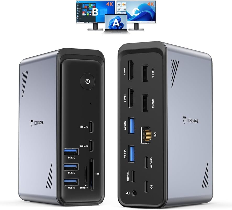 TobenONE 19-in-1 Laptop Docking Station, Dual 4K HDMI, 10 USB Ports