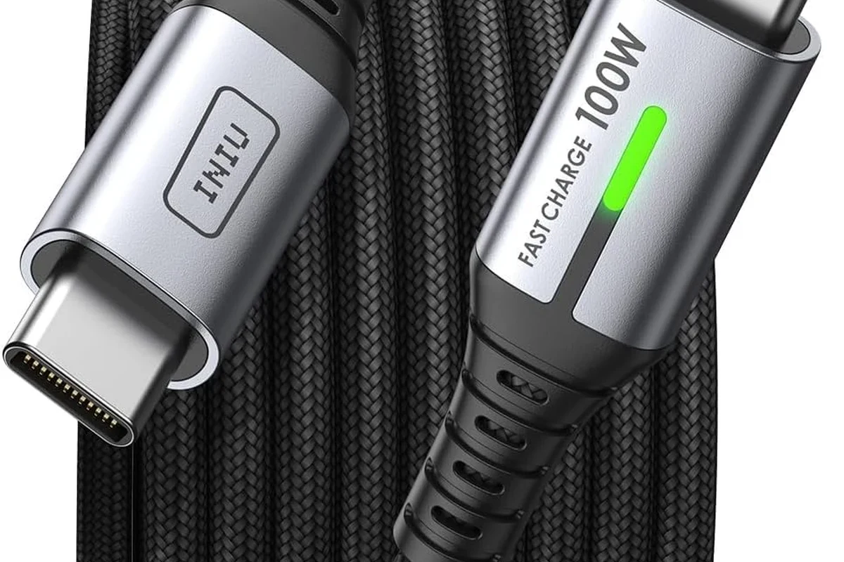 USB-C cable connected to a charger and device while troubleshooting slow charging