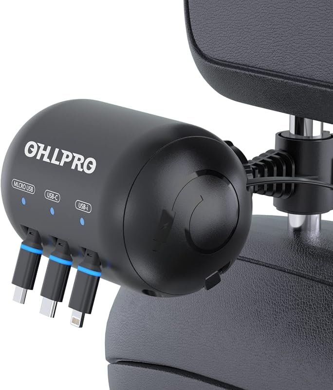OHLPRO Retractable 3-in-1 Backseat Car Charging Station Box for Multi-Device Charging