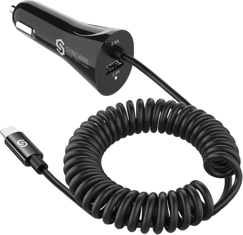 Syncwire MFi Certified 24W iPhone Car Charger with Built-In Coiled Lightning Cable