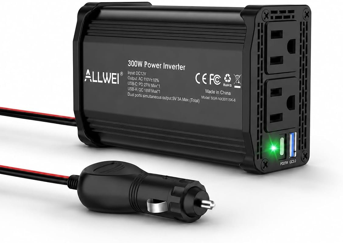ALLWEI 300W Car Power Inverter, 12V DC to 110V AC, Black