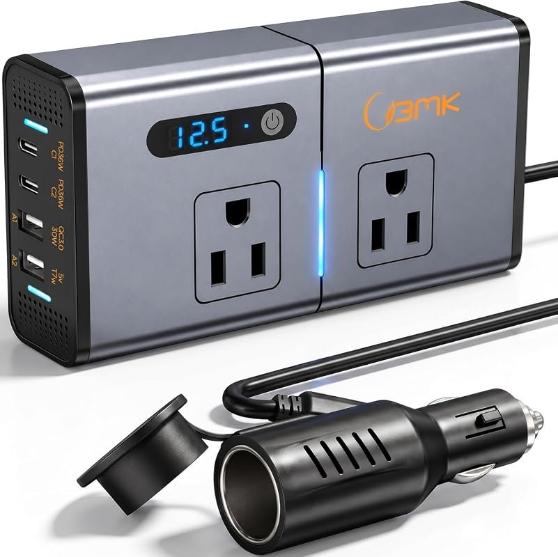 200W 7-in-1 Car Power Inverter, 12V DC to 110V AC with Dual PD USB-C, QC 3.0, 2 AC Outlets