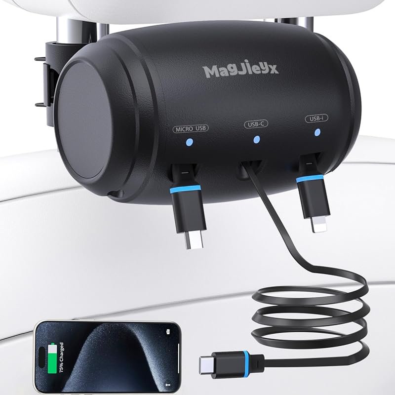 MAGJIEYX Retractable 3-in-1 Headrest Car Charging Dock with USB-C for iPhone and Android