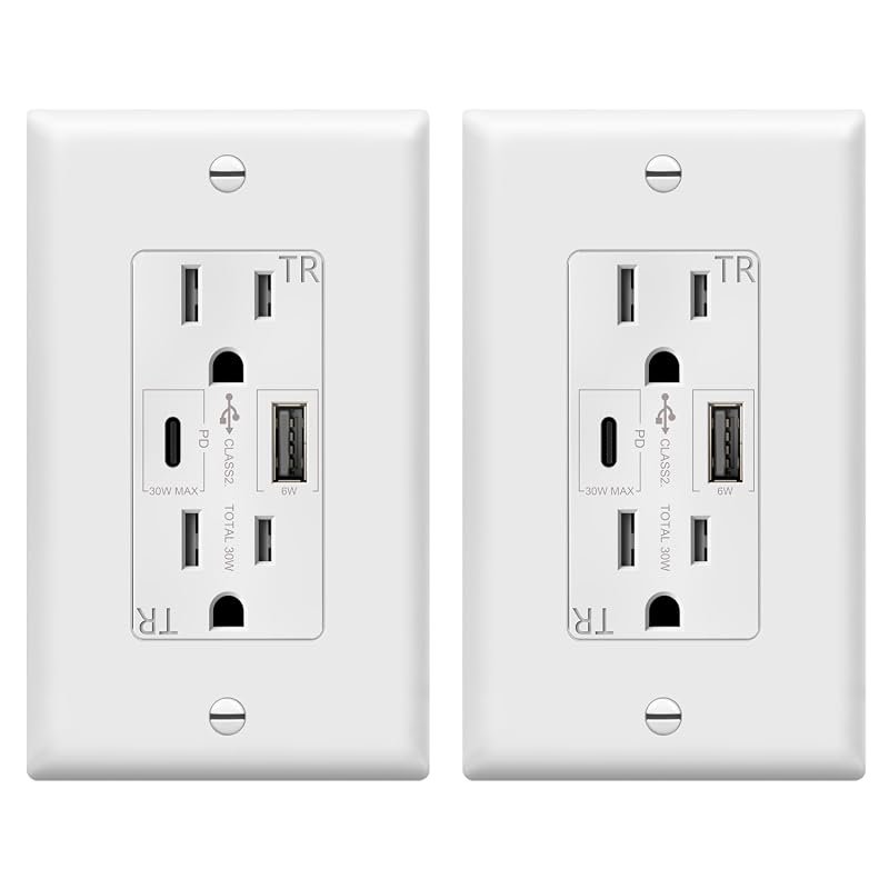 TOPGREENER 36W USB Outlet Receptacle, Power Delivery Wall Outlet, White, 2-Pack