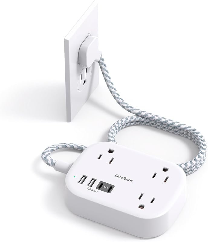 One Beat Cruise Essentials Travel Power Strip with USB-C and Flat Plug, 6ft Cord