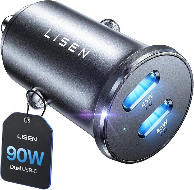 LISEN 90W USB C Car Charger, 45W PD and QC3.0 Fast Charging Adapter