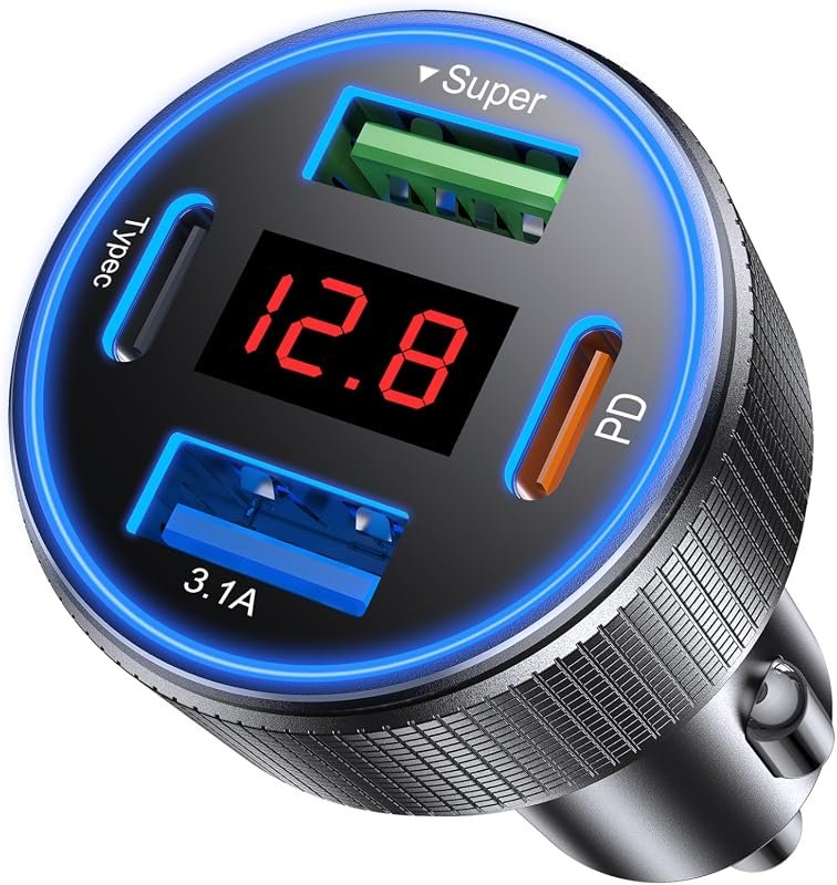 78W 4-Port USB C Car Charger with LED voltmeter