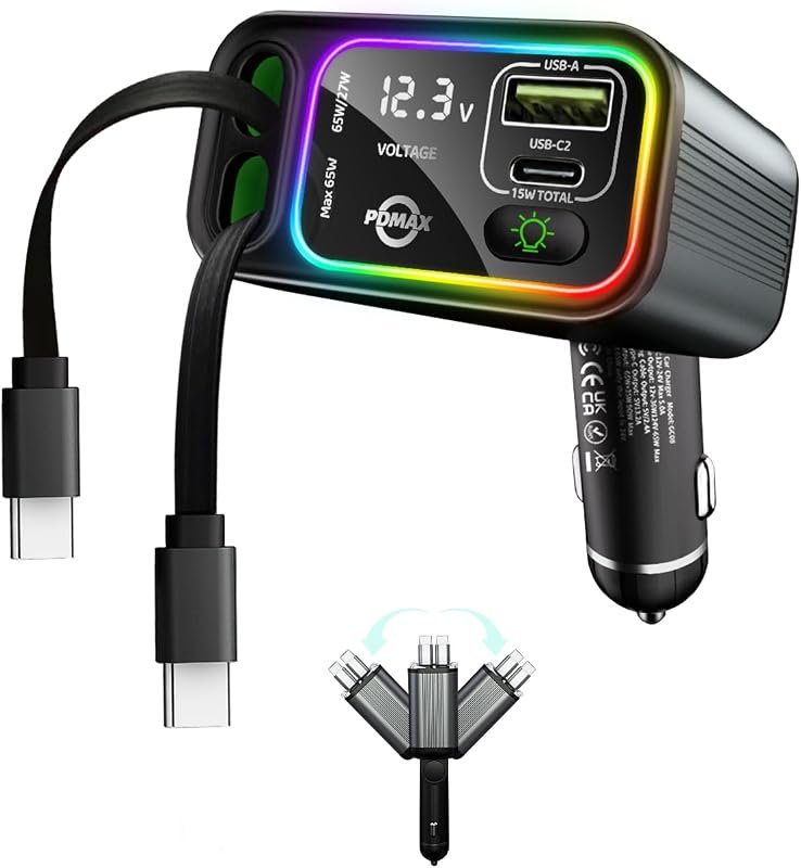 145W Retractable USB-C Car Charger with Dual Cables, Voltage Display and LED
