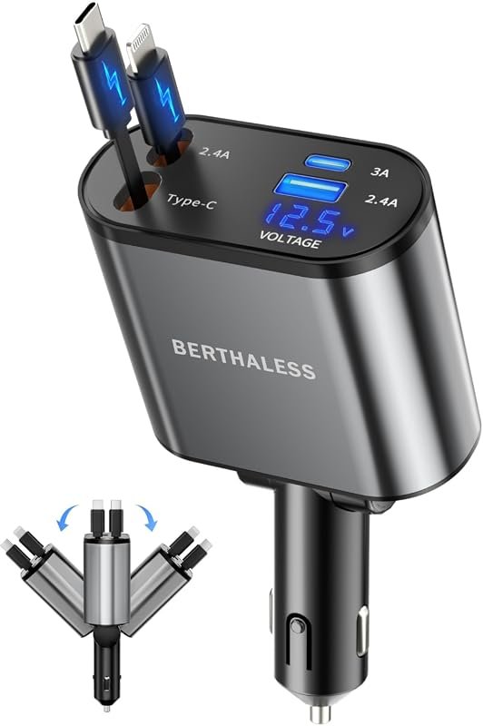 4-in-1 Retractable Car Charger with USB-C and USB-A Fast Charging