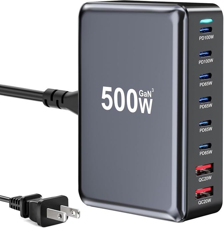 500W 8-Port USB-C Charger Block with Dual 100W PD Fast Charging