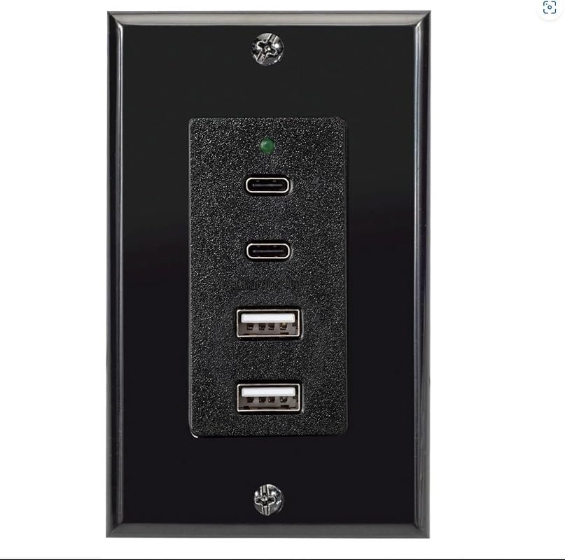 Magnadyne Wall Mount USB-C and USB-A Charging Ports for RV and Vehicle Use, Black