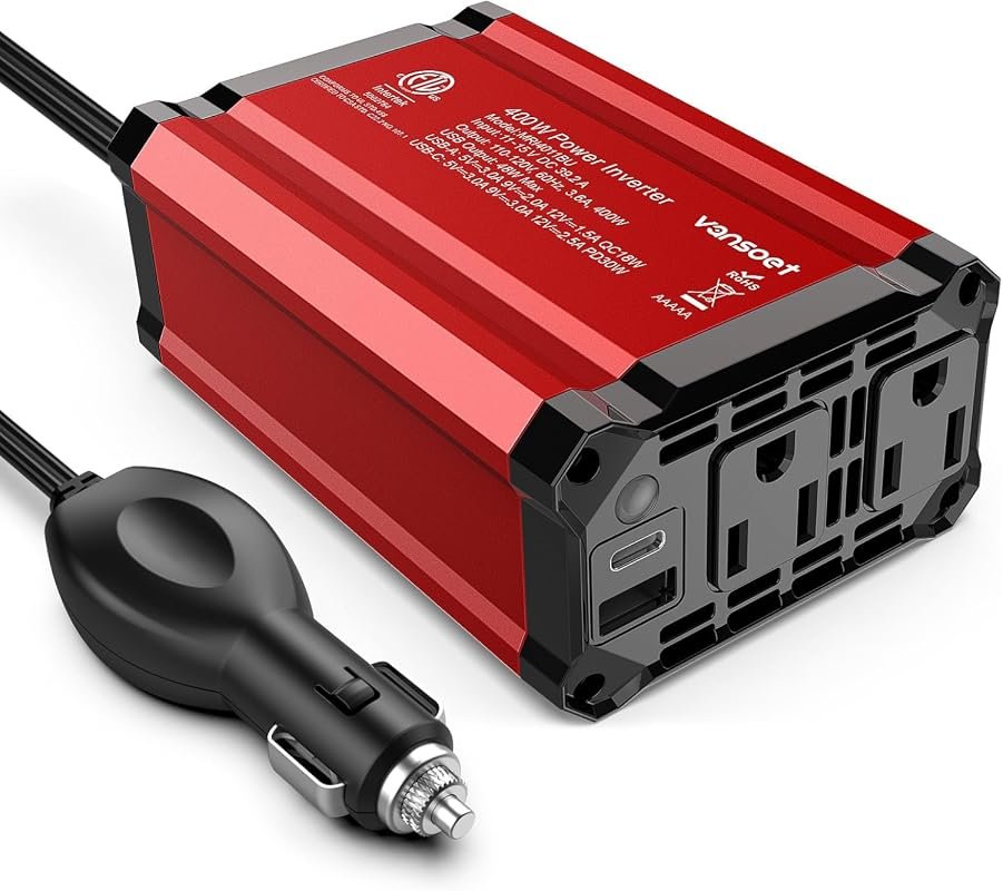 400W Vehicle Power Inverter, 12V DC to 110V AC Car Converter, Red
