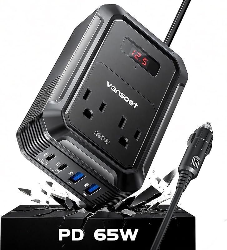 200W Car Power Inverter, 12V-17V DC to 110V AC with PD 65W/30W USB-C Ports