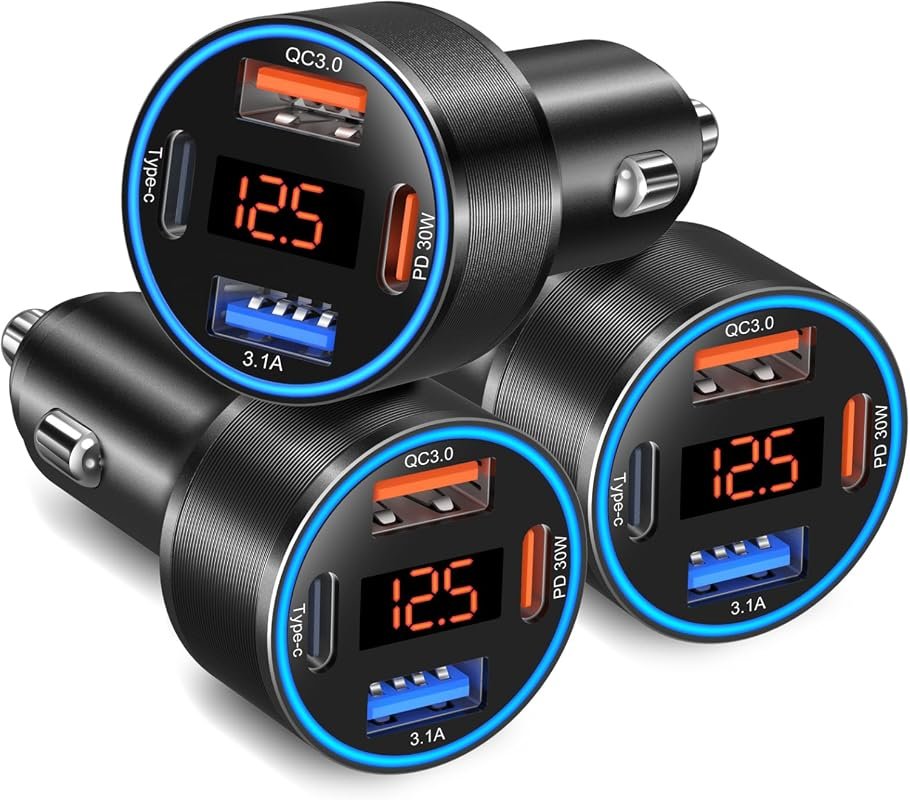 3-Pack 65W USB C Car Charger with voltage display
