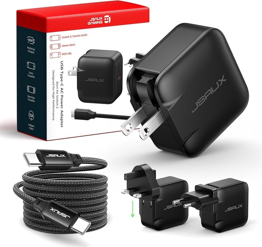 JSAUX 65W GaN USB-C Charger for Switch 2 with EU/UK Plug and 6.6FT Cable