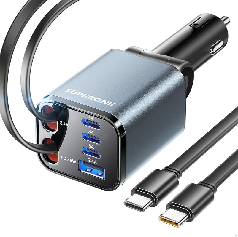 SUPERONE 6-in-1 Retractable Car Charger with Dual Type-C Cables
