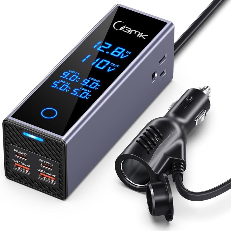 300W Car Power Inverter, 12V DC to 110V AC with 4 USB Ports, PD 36W, QC3.0, LCD Display
