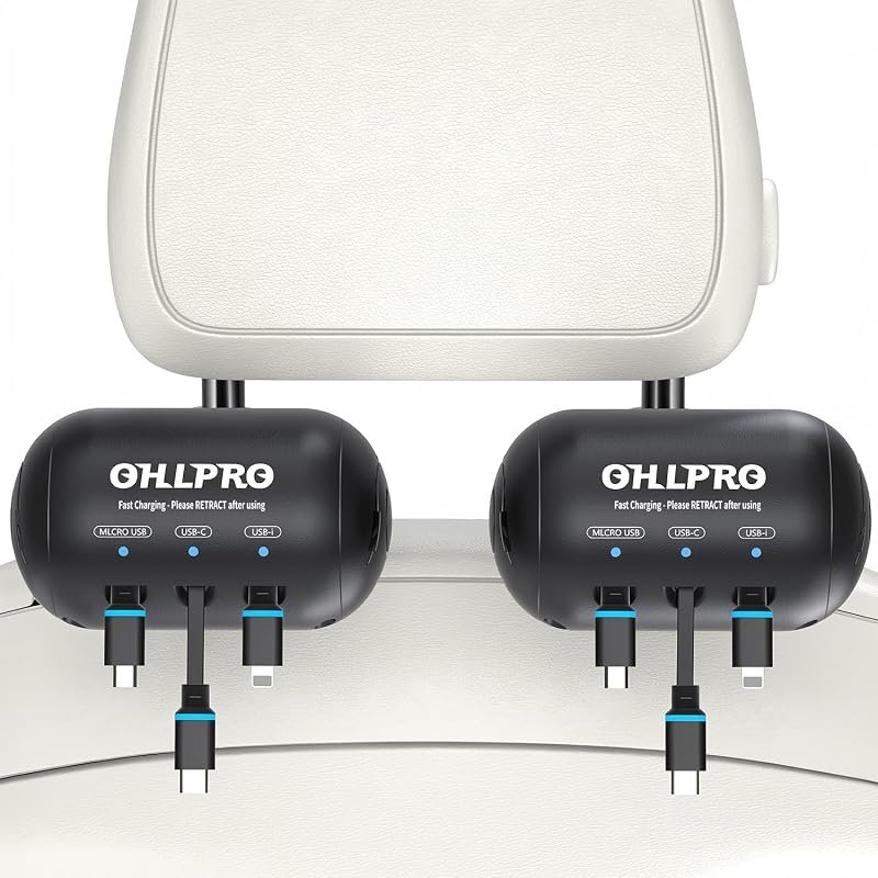 OHLPRO Retractable 3-in-1 Backseat Car Charging Station Box, 2-Pack for Passengers