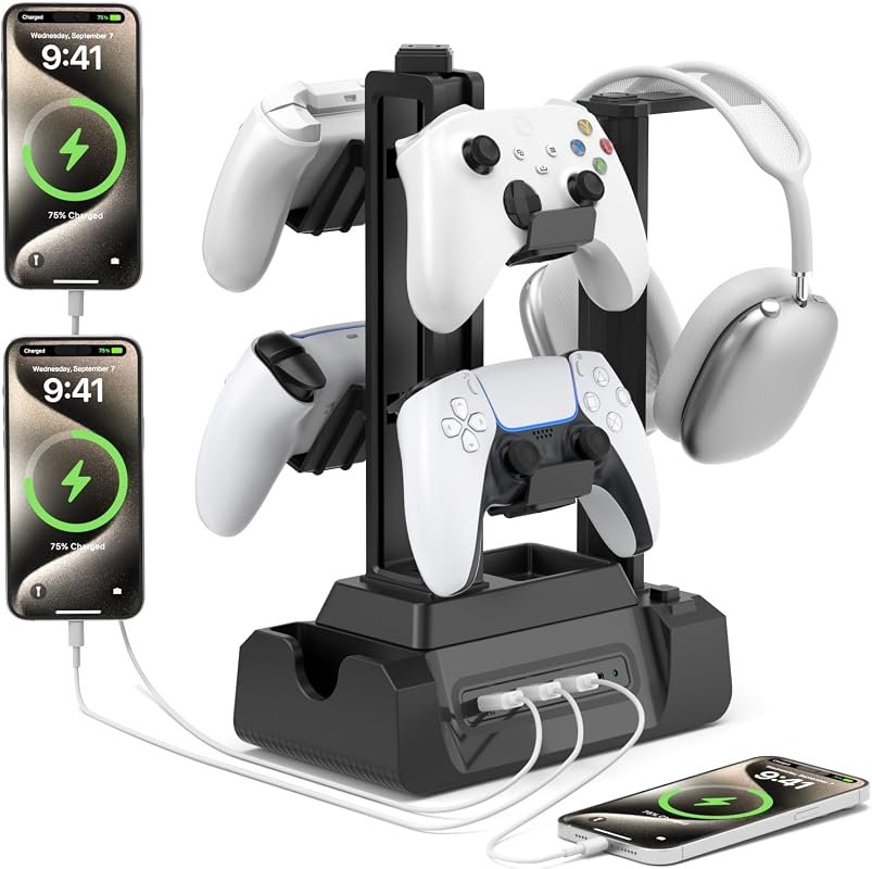 KDD 4-Port Charging Dock with Controller and Headset Stand for Gaming Accessories