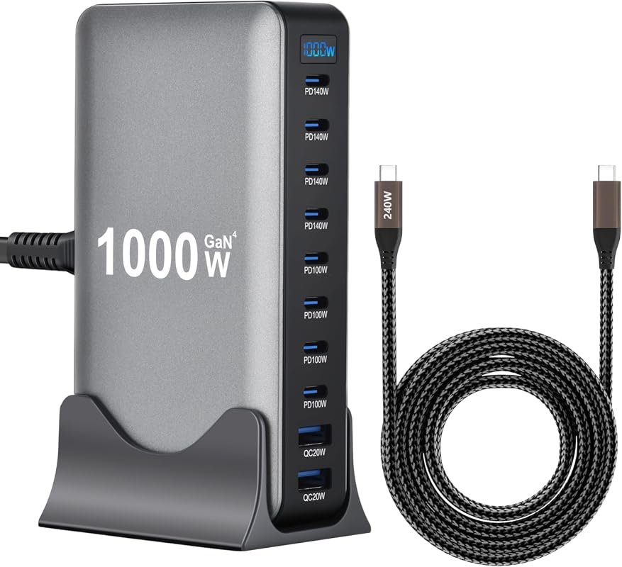 1000W 10-Port GaN Desktop Charging Station with 240W Cable for Phones, Tablets, Laptops, and Gaming Devices