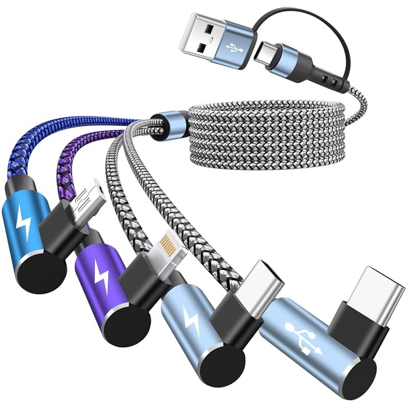 90-Degree Multi Charging Cable with Type-C, Micro-USB, and Lightning Connectors