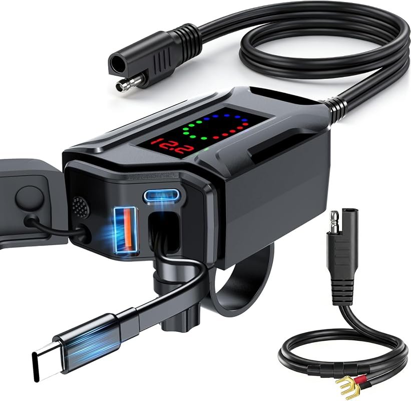 Motorcycle USB Charger with USB-A, USB-C and Retractable Cable